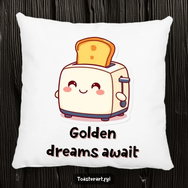 Funny pillow adorned with a smiling toaster character ejecting a golden slice of toast, soft, comfy, and wonderfully amusing.