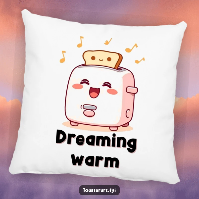 Funny pillow featuring a happy singing toaster character with toast popping rhythmically, a cozy and humorous accent piece.