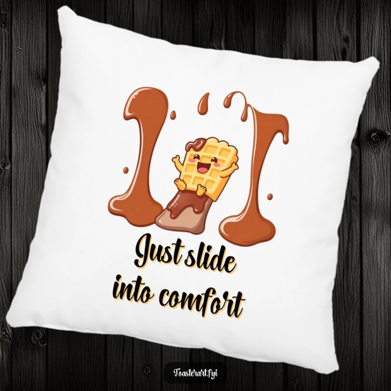 Funny waffle character enjoying a chocolate syrup slide, creating a humorous and comfortable accent on this pillow.