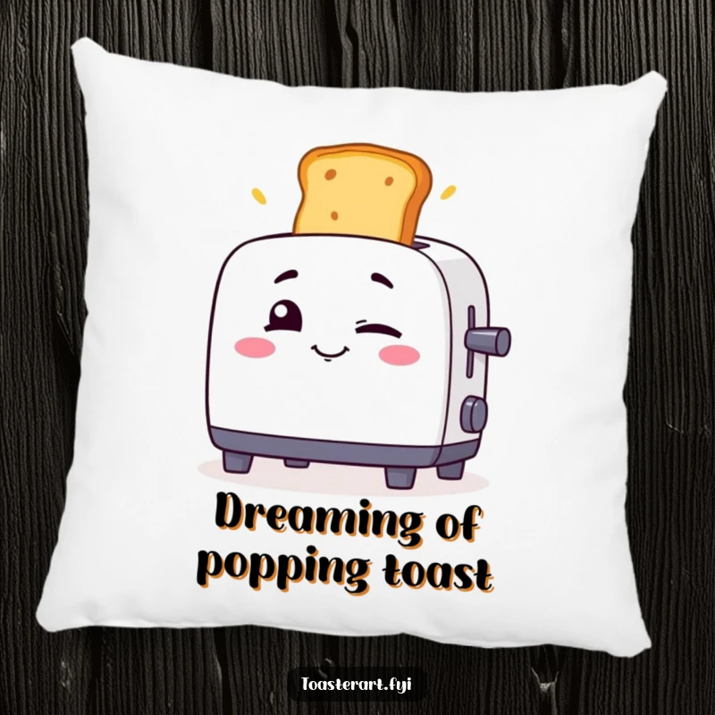 Funny toaster winking with toast launching on a pillow, a humorous and comfortable decor item.
