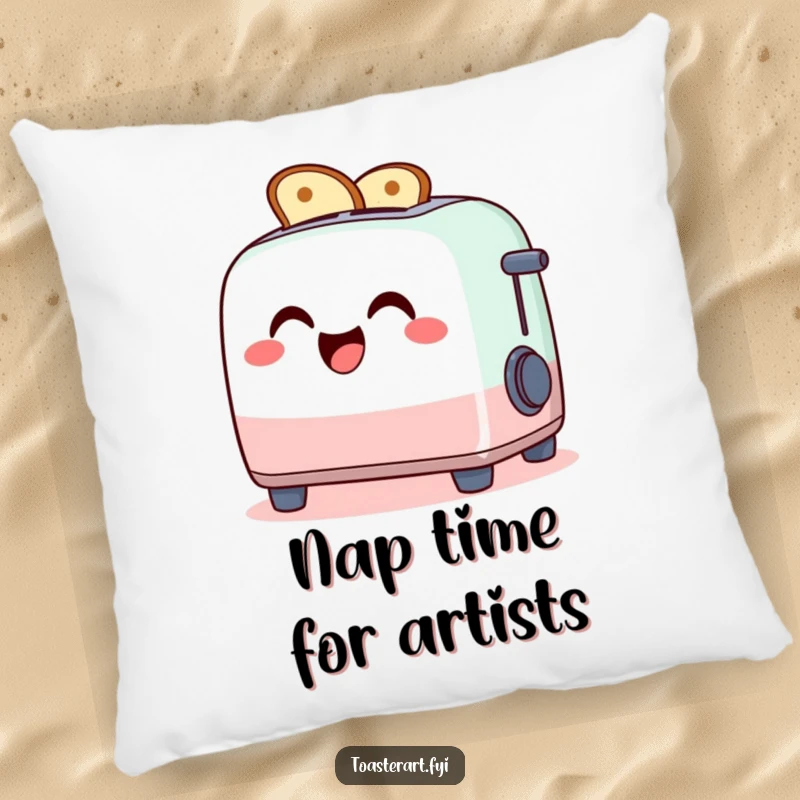Funny pillow with a giggling toaster character creating toast art, plush and humorous home decor.