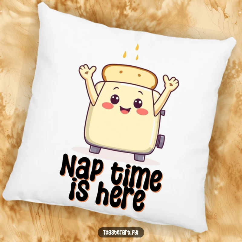 Funny toaster with toast arms raised in a wave on a pillow, a humorous and comfortable decor item.