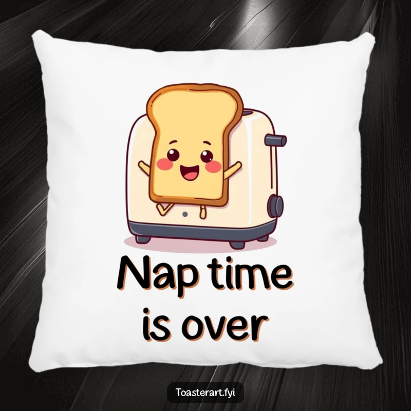 Funny Pillow: A smiling piece of toast comically leaps out of a toaster, a plush and humorous accent.