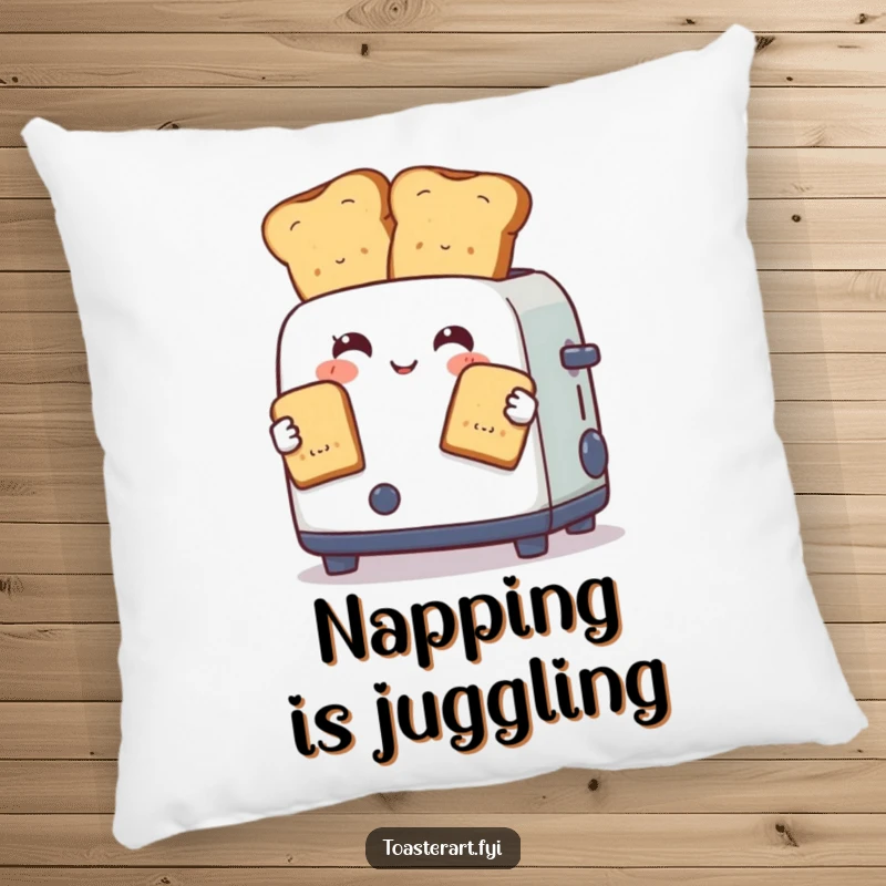 Funny pillow with a toaster character expertly juggling two perfectly browned toast slices, providing comfort and breakfast-themed humor.