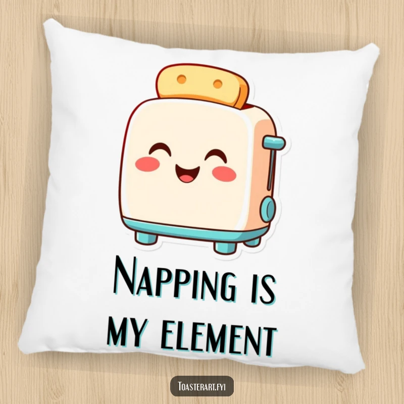 Funny toaster pillow with a smiling, pride-filled toaster character glowing warmly, offering plush comfort and humorous charm.