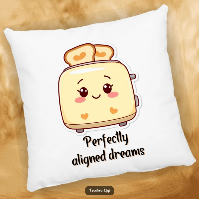 Funny smiling toaster pillow, with perfectly patterned toast, a soft and humorous accent.