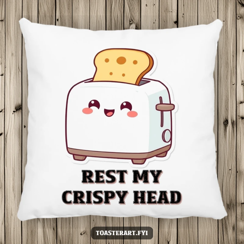 Funny pillow showcasing a smiling toaster character mid-pop with perfectly toasted bread, adding a touch of cozy humor to furniture.