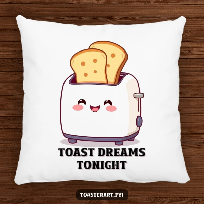 Funny pillow featuring a happy toaster character popping out golden toast slices, offering comfort and a delightful breakfast theme.
