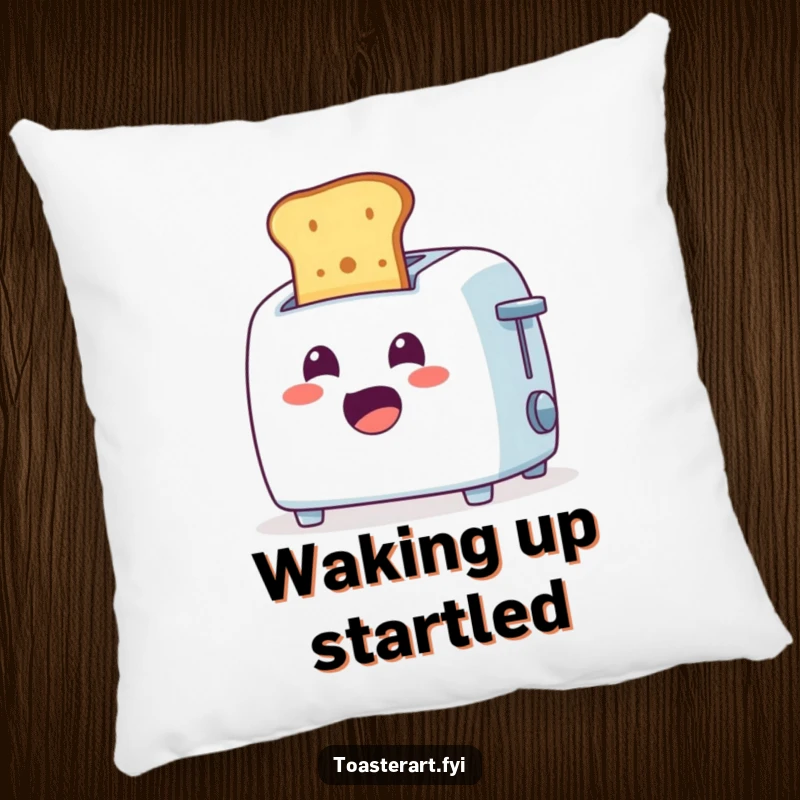 Funny Pillow: Cheerful toaster character ejecting toast with a surprised expression, soft and full of morning humor.