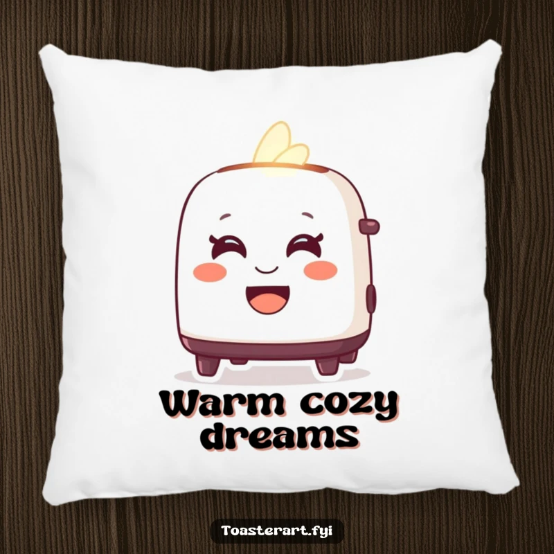 Funny pillow featuring a delighted toaster character glowing warmly with a friendly smile, perfect for cozying up.