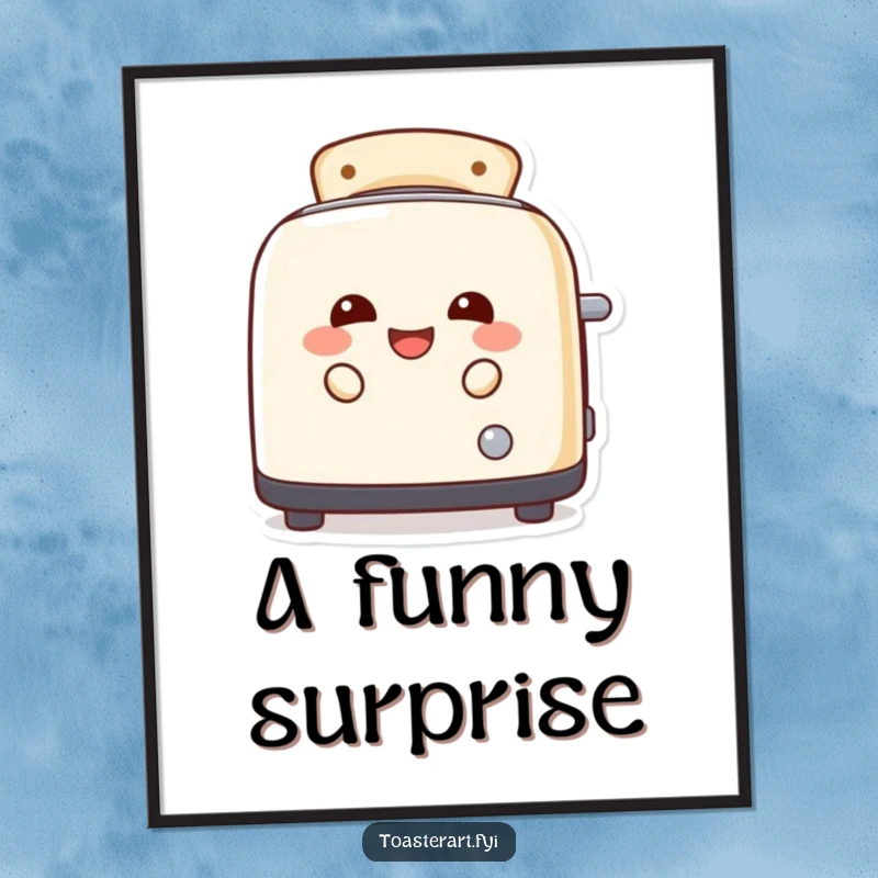 Funny toaster character laughing and peeking from toast slots, presented as a digital art print for instant quirky wall decoration.