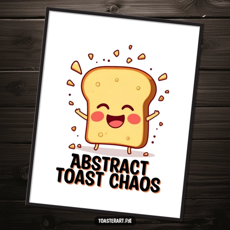 Funny digital art print of a giggling toast character with exploding crumbs, perfect for instant humorous wall decor.