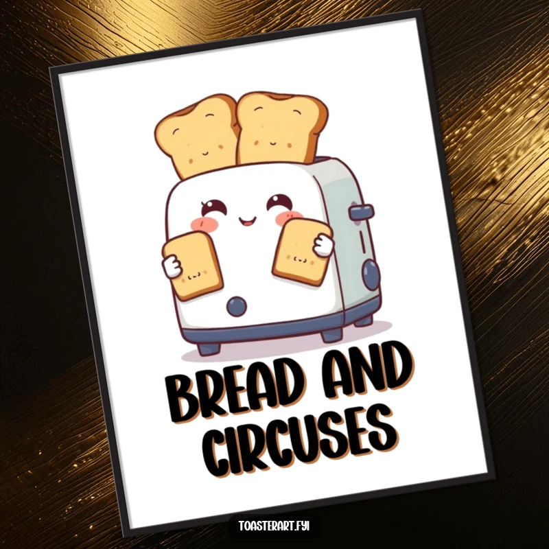 Funny digital art print of a toaster character skillfully juggling two perfectly browned toast slices, perfect for a humorous and dynamic space.