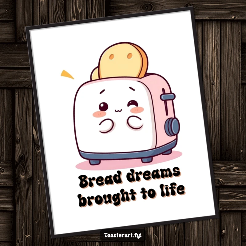 Funny digital art print of a whimsical toaster character playing with bread, perfect for adding playful breakfast humor to decor.