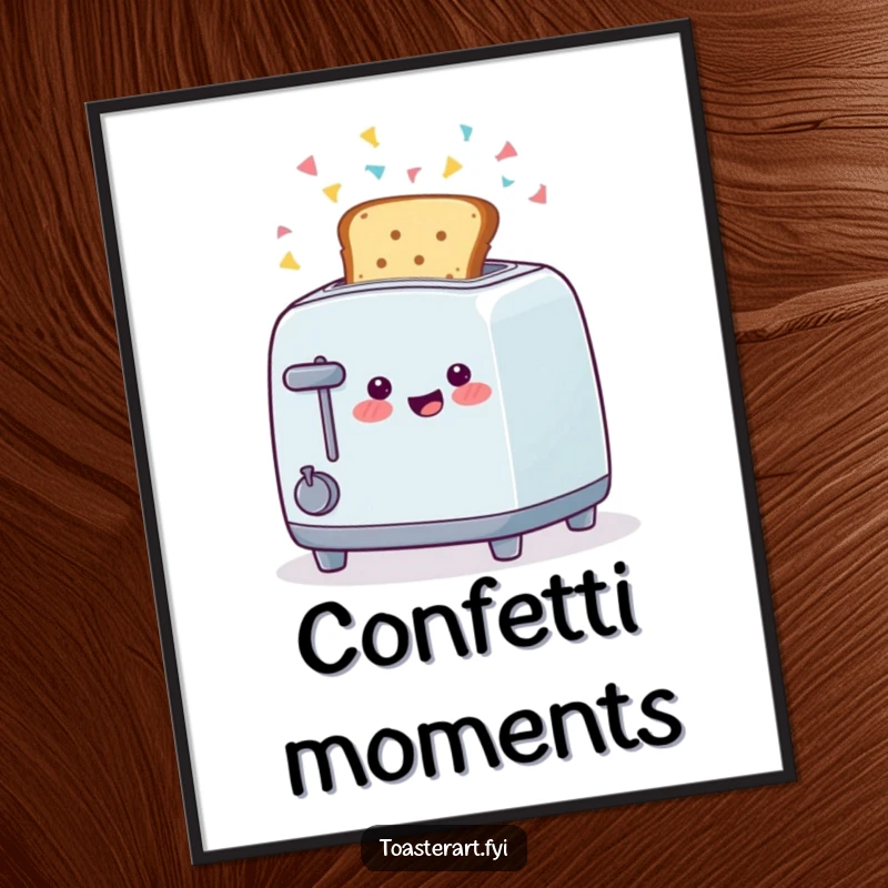 Funny digital art print of a happy toaster character ejecting toast with confetti, ideal for instant, festive wall decor.