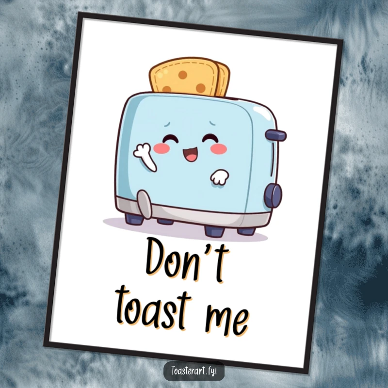 Funny digital art print of a happy crumb character comically running from an animated toaster, bringing chaotic breakfast decor.