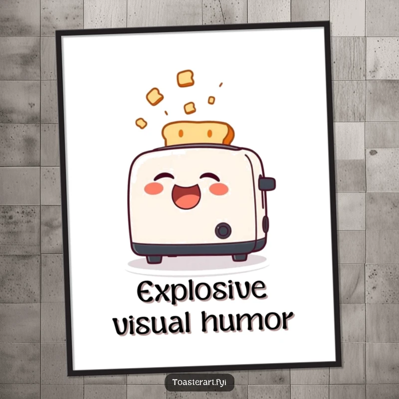 Funny Digital Art Print of a toaster character laughing as toast flies out, a humorous and energetic piece.
