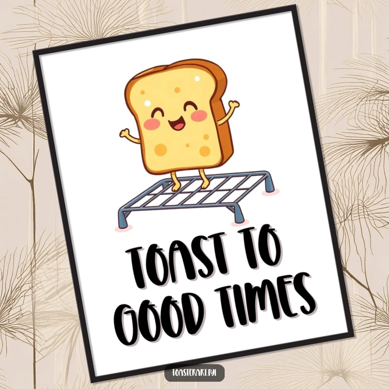 Funny digital art print of a cheerful toast character doing a jig on a toasting rack, bringing joyful breakfast decor.