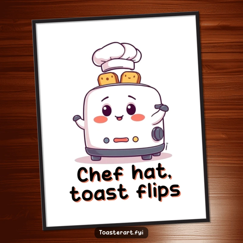 Funny Digital Art Print of a toaster chef in a hat, skillfully juggling toast slices, perfect for a humorous digital display.