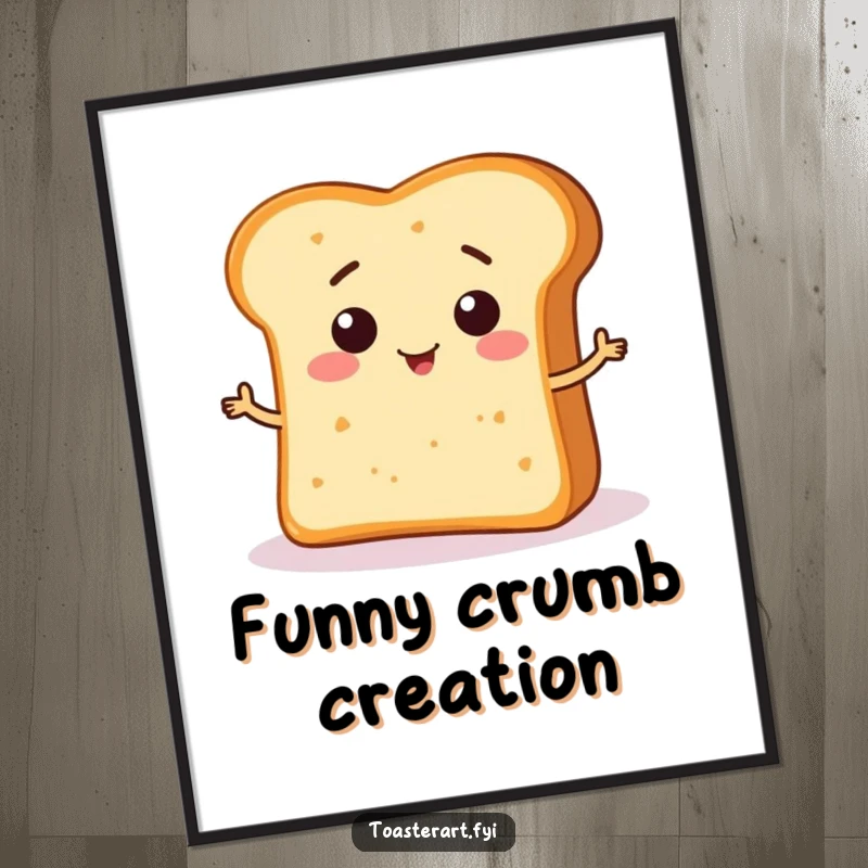 Funny Digital Art Print of a smiling bread crumb character making a funny shape on bread, perfect for instant, humorous decor.