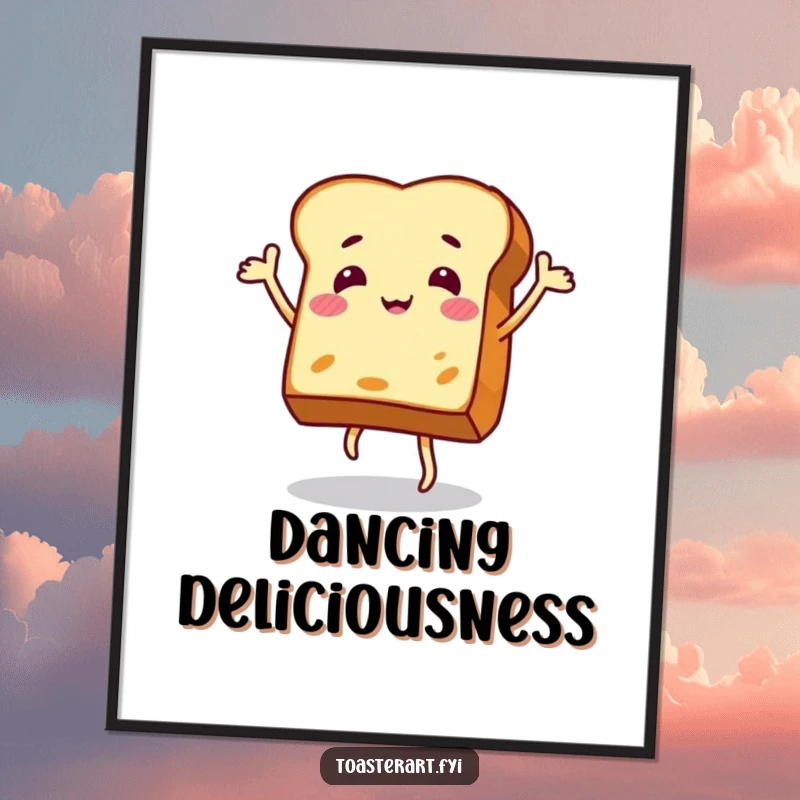 Funny digital art print of a jovial toast character performing an excited dance, bringing vibrant energy and humor to any room.