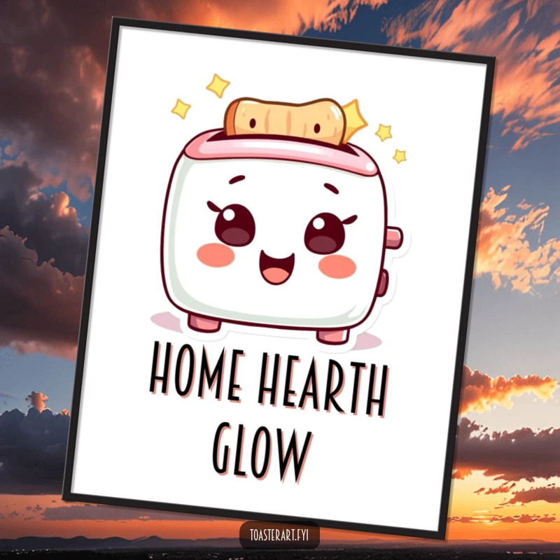 Funny Digital Art Print: A delighted toaster character radiates a warm, happy glow, bringing cheer to any wall.