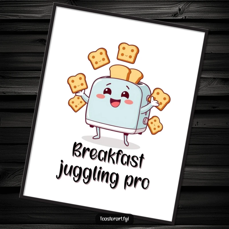 Funny digital art print of a giggling toaster character juggling bread slices. Perfect for humorous kitchen or dining room decor.