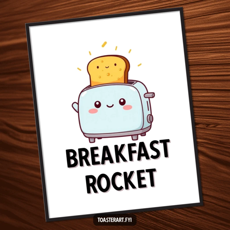 Funny kawaii toaster character launching golden toast high into the air, instant joyful and funny digital art.