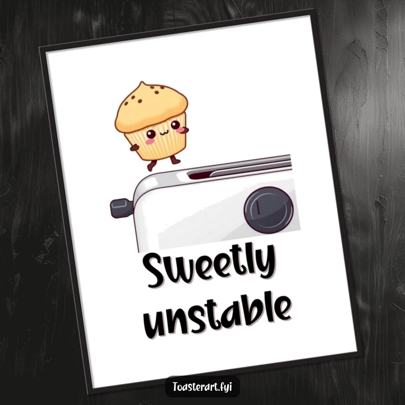 Funny kawaii muffin balancing on a toaster edge, a high-resolution digital art print with cute, humorous charm.