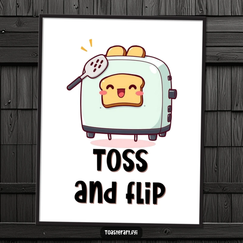 Funny digital art print of a toaster character comically trying to catch flying toast with a spatula, a humorous breakfast scene.