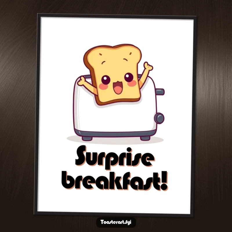 Funny digital art print of a surprised toast character comically leaping out of a toaster. Perfect for humorous kitchen or dining room decor.