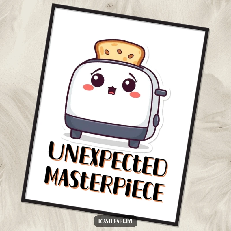 Funny toaster character surprised by toast art, presented as a digital art print for instant artistic and humorous wall decoration.