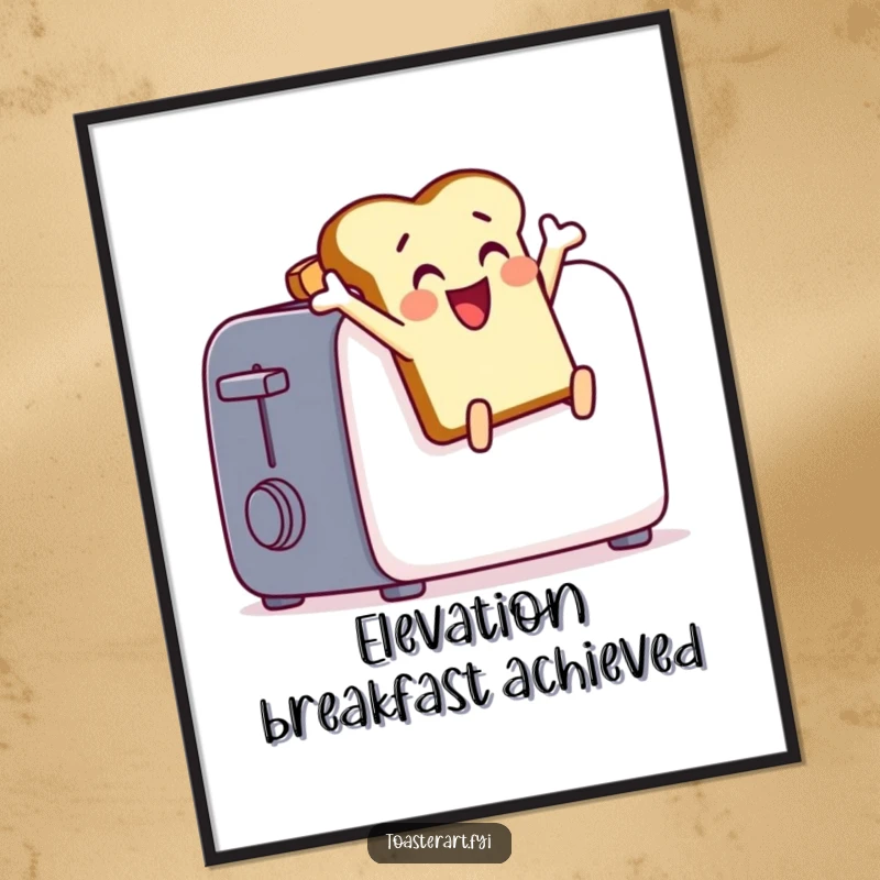 Funny toast character leaping from a toaster, a high-resolution digital art print with joyful, humorous charm.