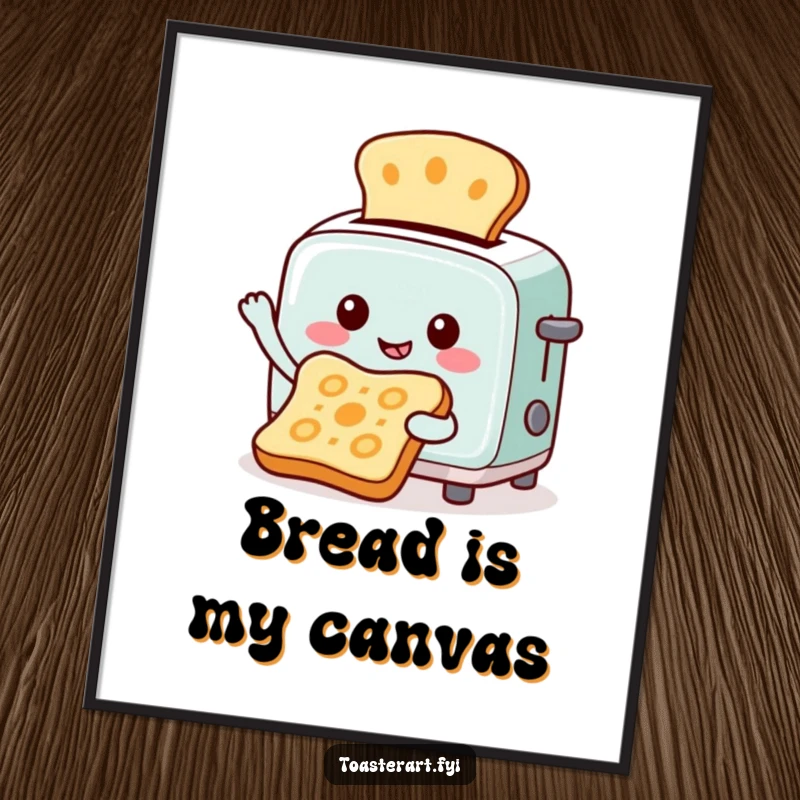 Funny digital art print of a cheerful toaster character creating art by toasting patterns onto bread, perfect for adding unique breakfast artistry.