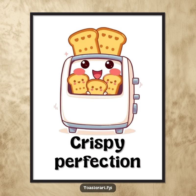 Funny digital art print of a cheerful toaster character gleefully ejecting perfectly browned toast figures, adding a pop of humor.