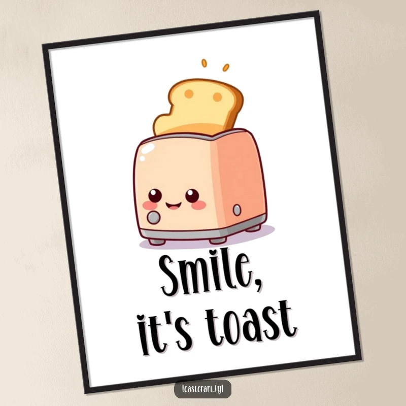 Funny happy toaster character popping up golden toast with a wide smile, digital art print, capturing the essence of a perfect breakfast.