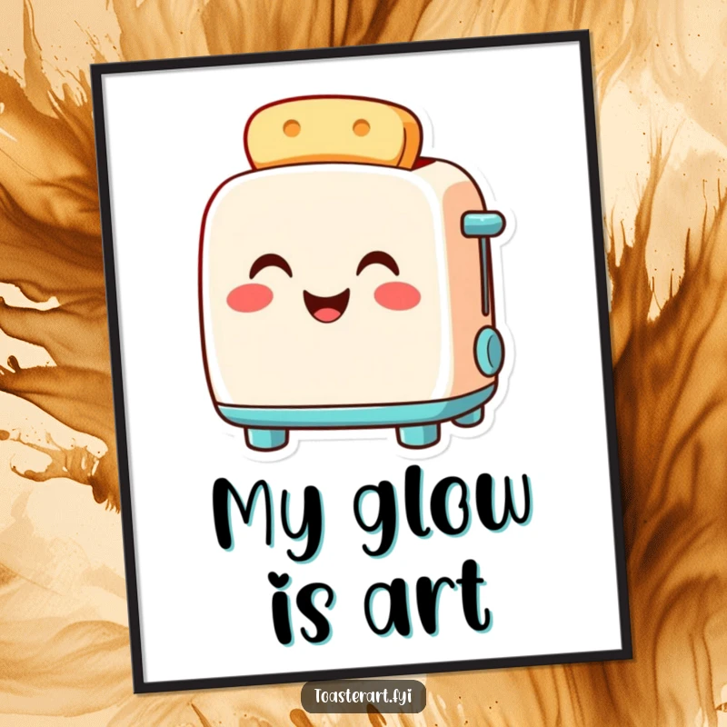 Funny toaster digital art print of a smiling toaster character glowing warmly with pride, offering instant humorous decor.