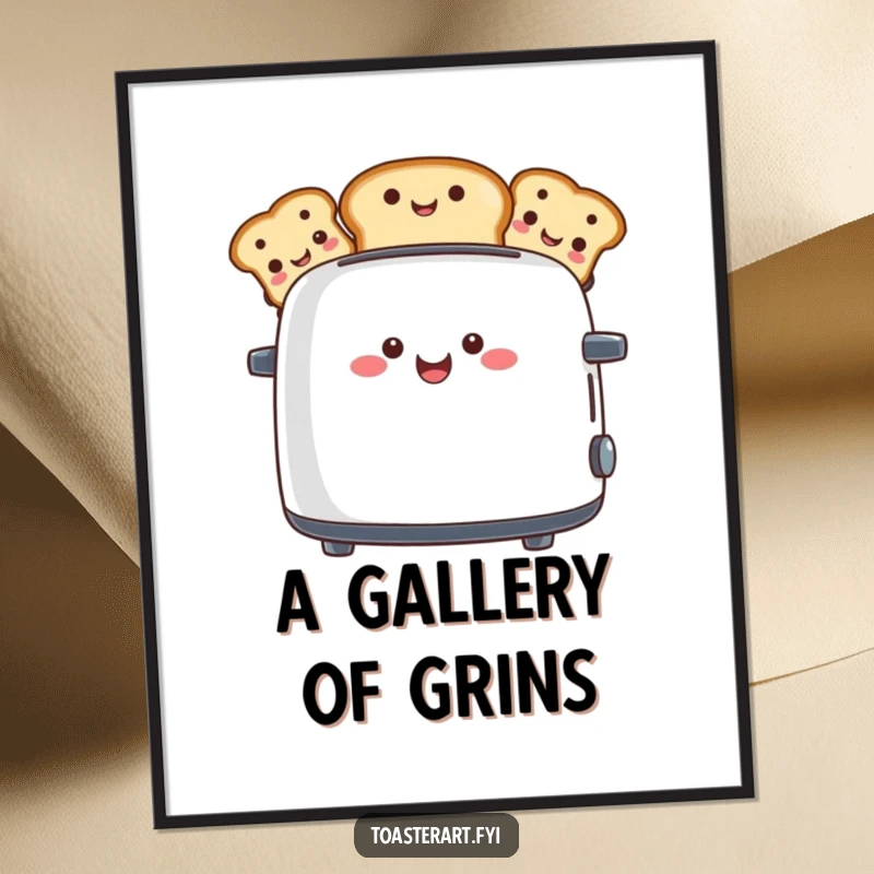 Funny digital art print of a happy toaster character presenting toast slices with amusing faces, vibrant and humorous breakfast art.