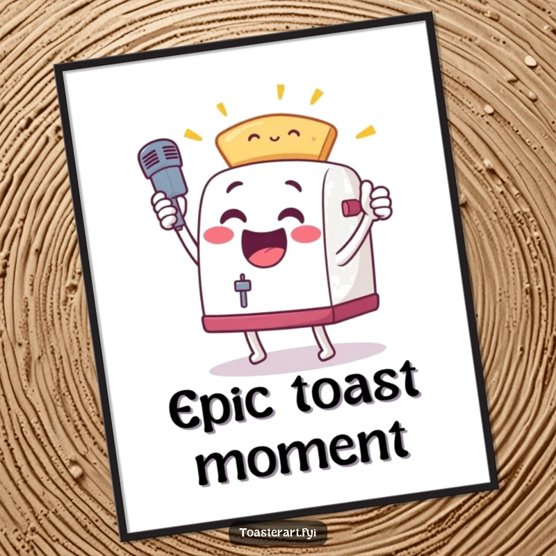 Funny, excited toaster character in a mic drop pose with toast, presented as a digital art print for instant motivational decor.