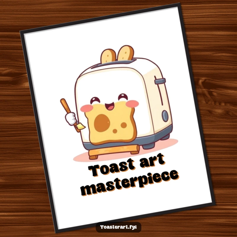 Funny digital art print of a happy toaster artistically painting pictures with toast, offering instant humorous wall decor.