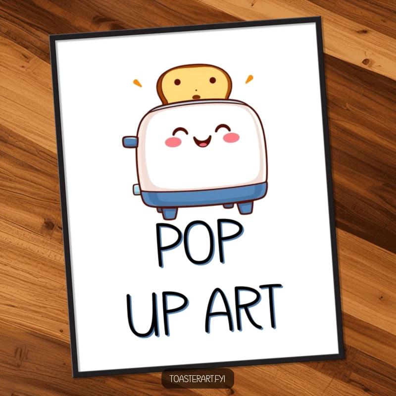 Funny digital art print of a grinning toaster character enthusiastically popping toast, capturing pure breakfast delight.