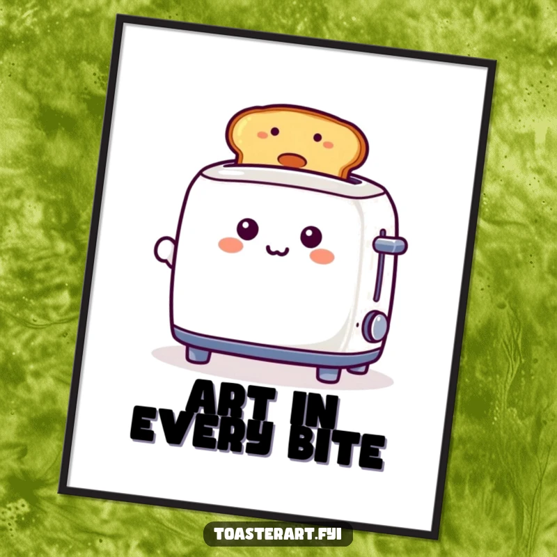 Funny, playful toaster character proudly presenting a smiley toast, featured as a digital art print for instant kitchen decor.