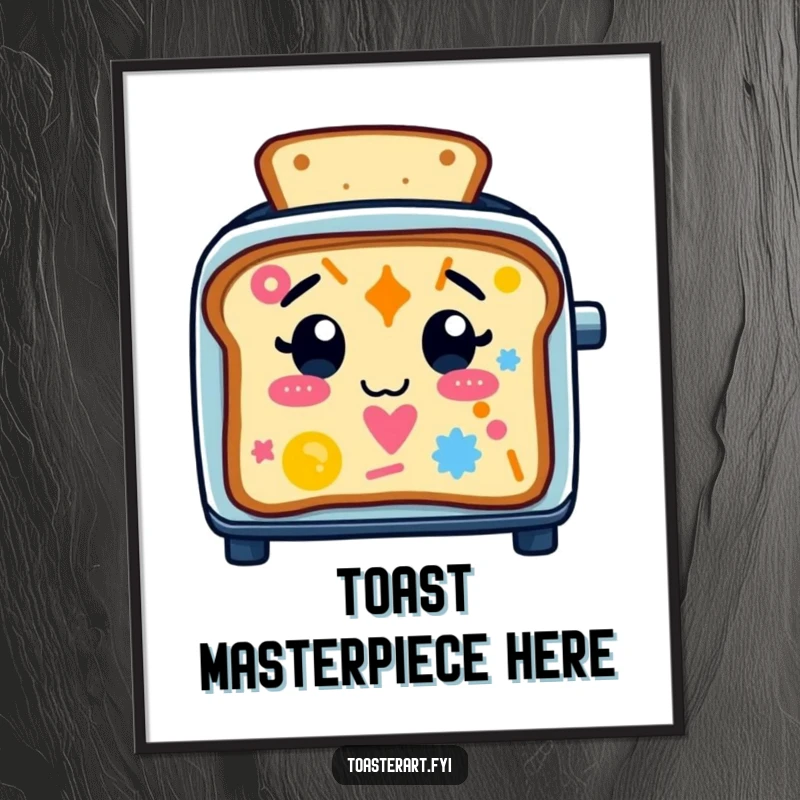 Funny Digital Art Print of a happy toaster character creating colorful toast patterns, perfect for instant, humorous wall decor.