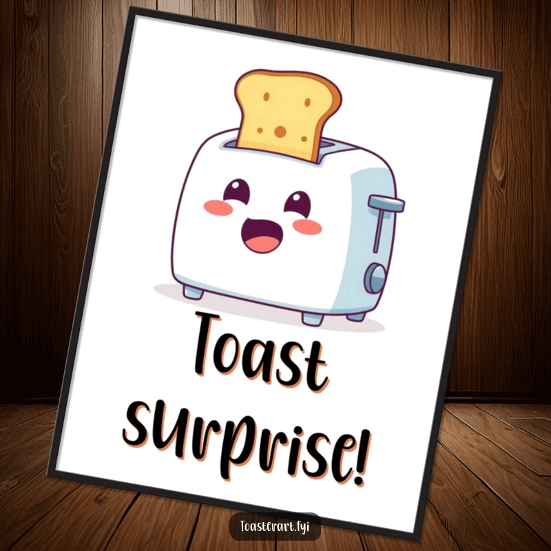 Funny Digital Art Print: Cheerful toaster character ejecting toast with a surprised expression, instant morning humor.