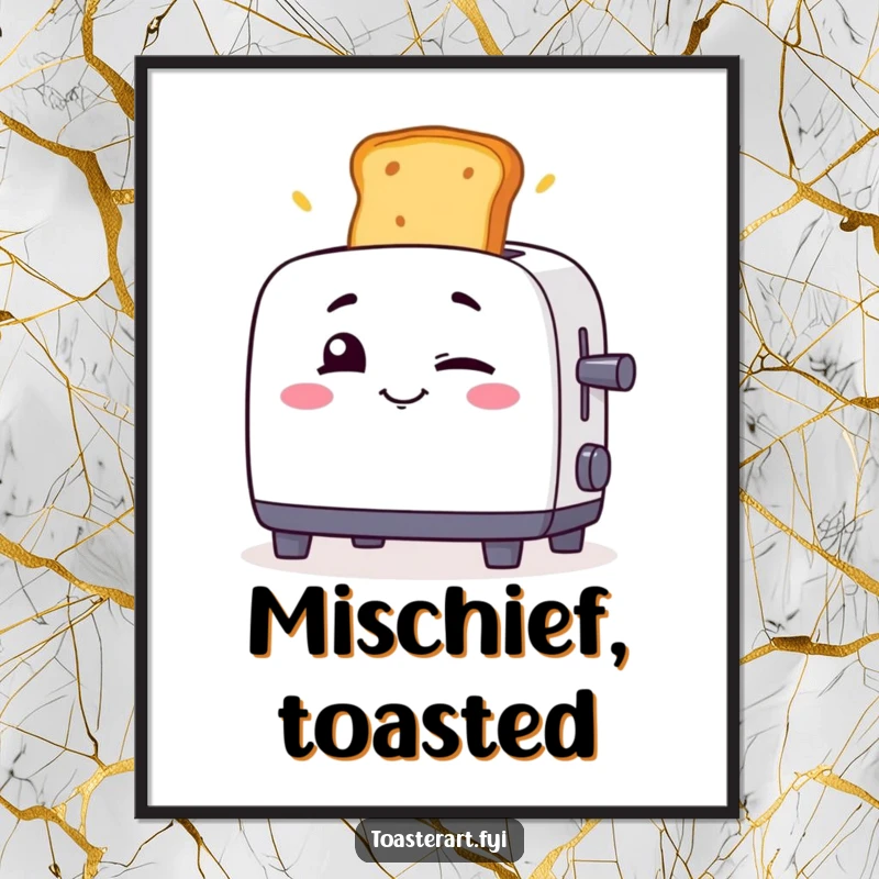 Funny toaster character winking as toast flies out, a high-resolution digital art print with mischievous, humorous charm.