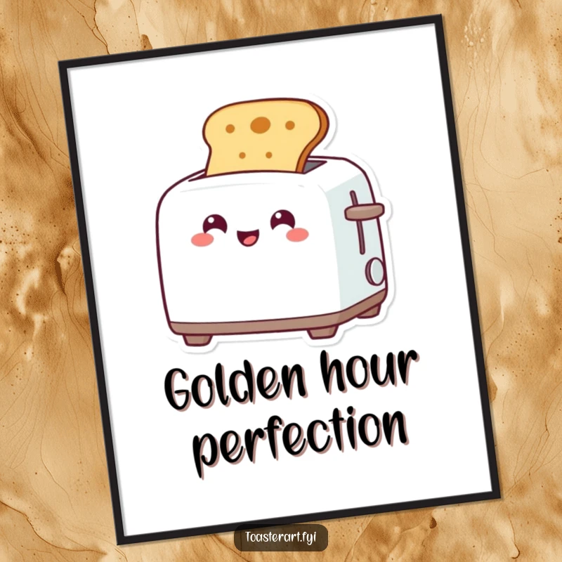 Funny digital art print of a grinning toaster character popping up toast, ideal for instant, humorous wall decor.