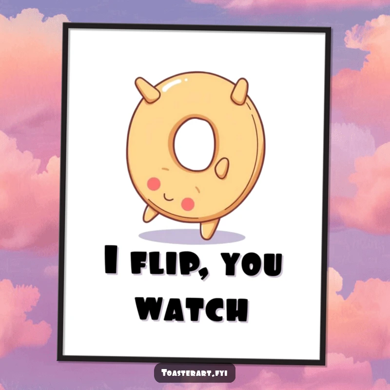 Funny digital art print of a smiling bagel performing a backward somersault, offering instant playful and humorous wall decor.