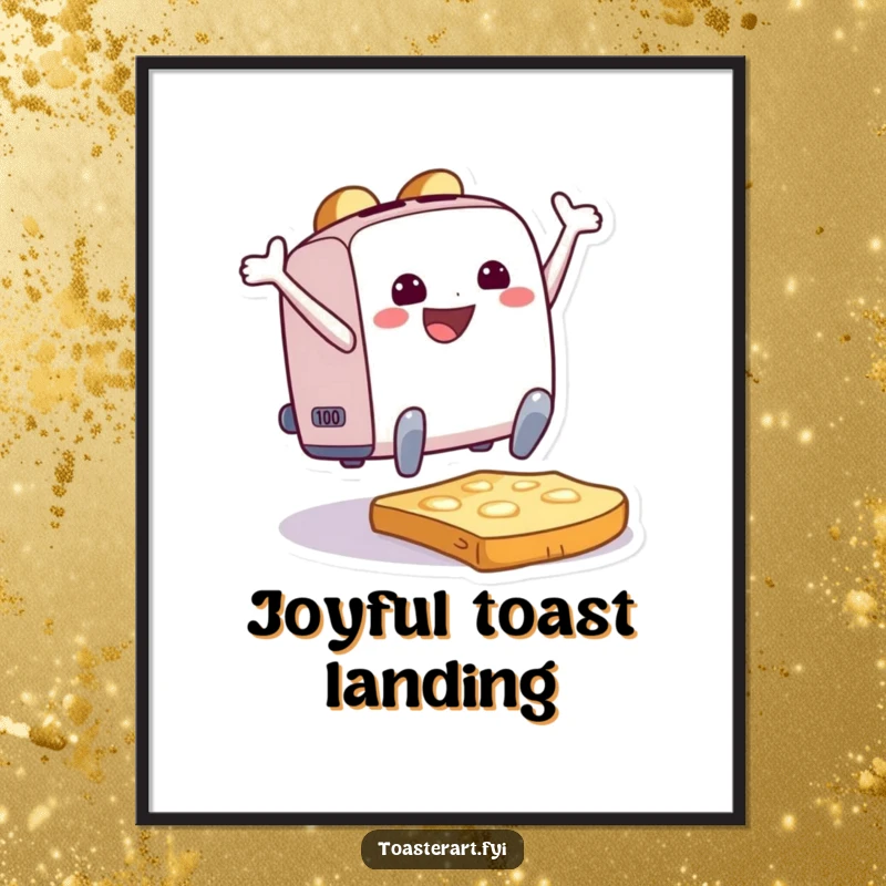 Funny Digital Art Print of a happy toaster character leaping onto toast, embodying excitement and playful energy.