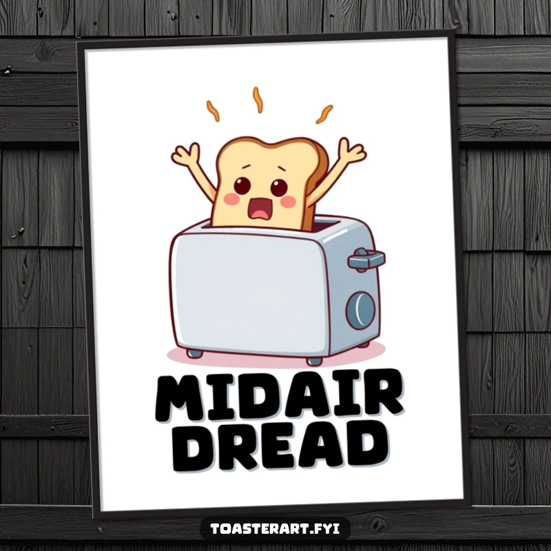 Funny digital art print of a scared piece of toast comically frozen mid-air from a toaster, a humorous and dramatic illustration.
