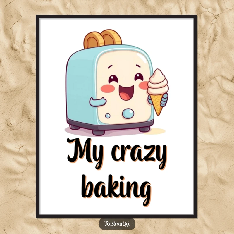 Funny digital art print of a happy toaster character gleefully attempting to bake a tiny ice cream cone, whimsical baking humor.